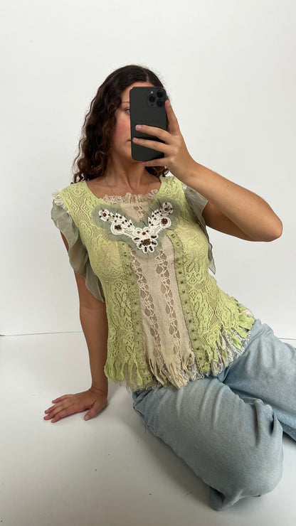 00s green lace babydoll top- size M