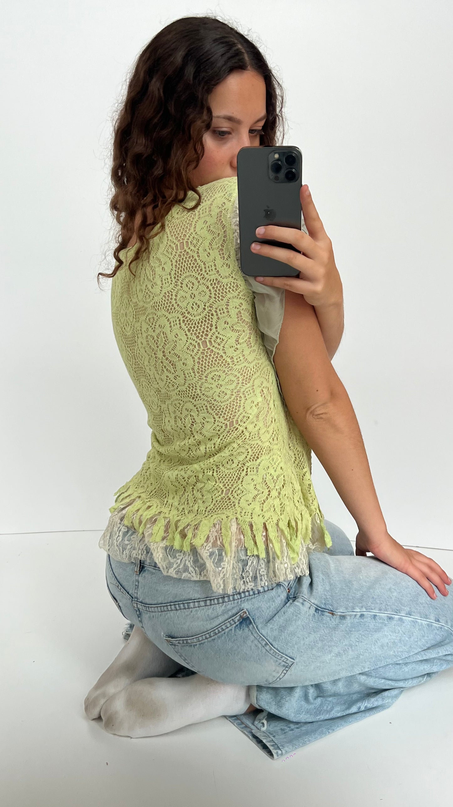 00s green lace babydoll top- size M
