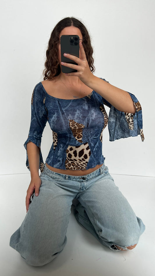 00s denim leopard print top- size S/M