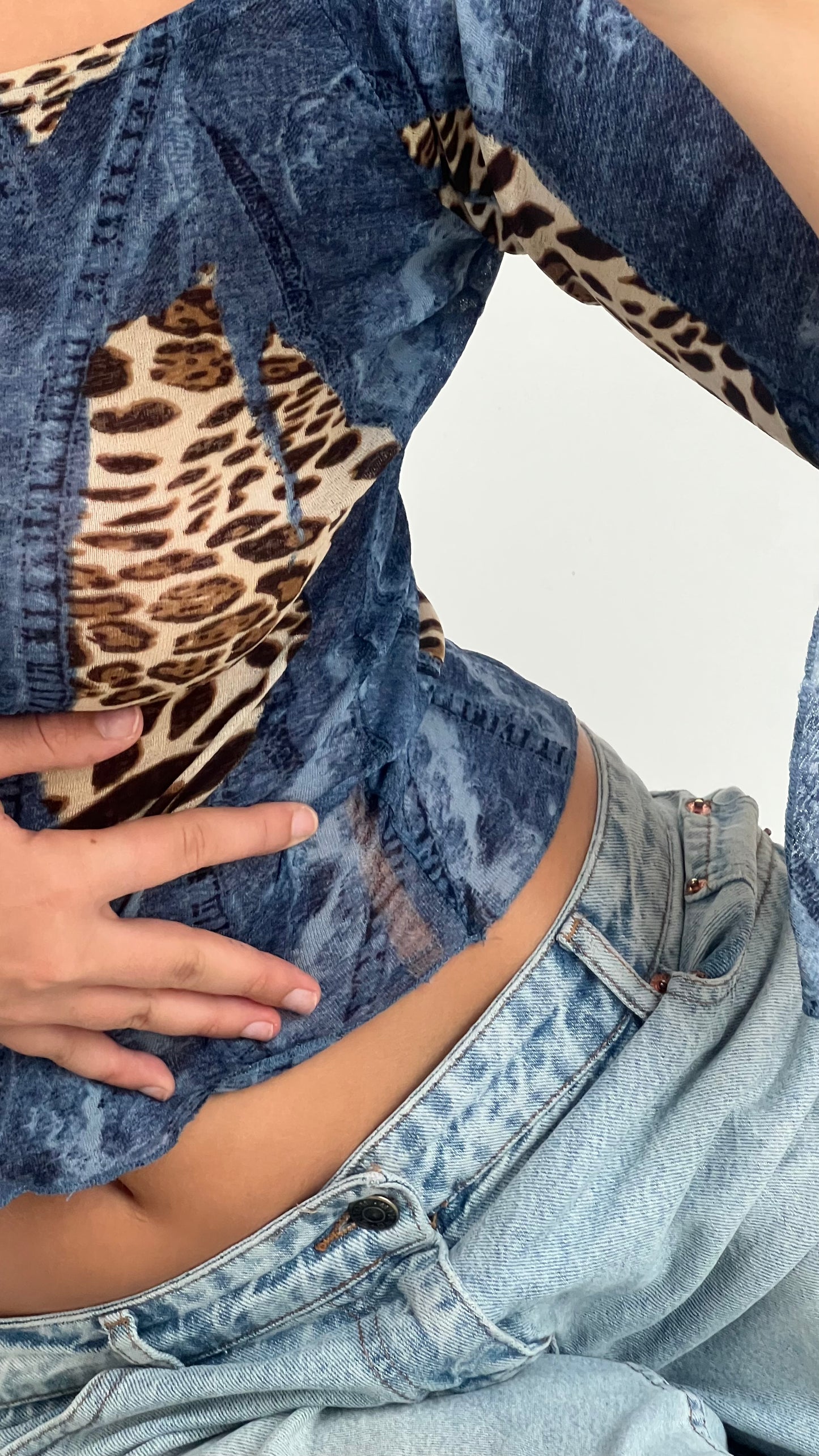 00s denim leopard print top- size S/M