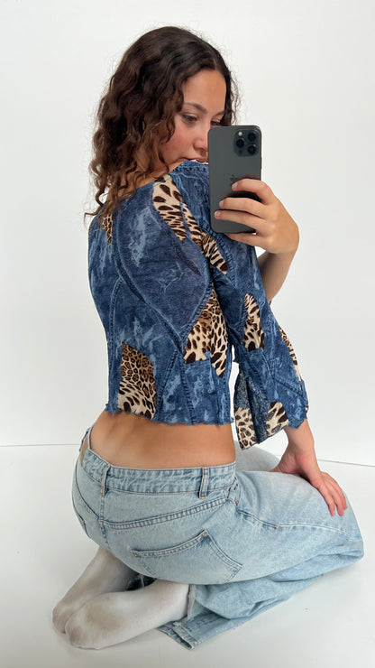 00s denim leopard print top- size S/M