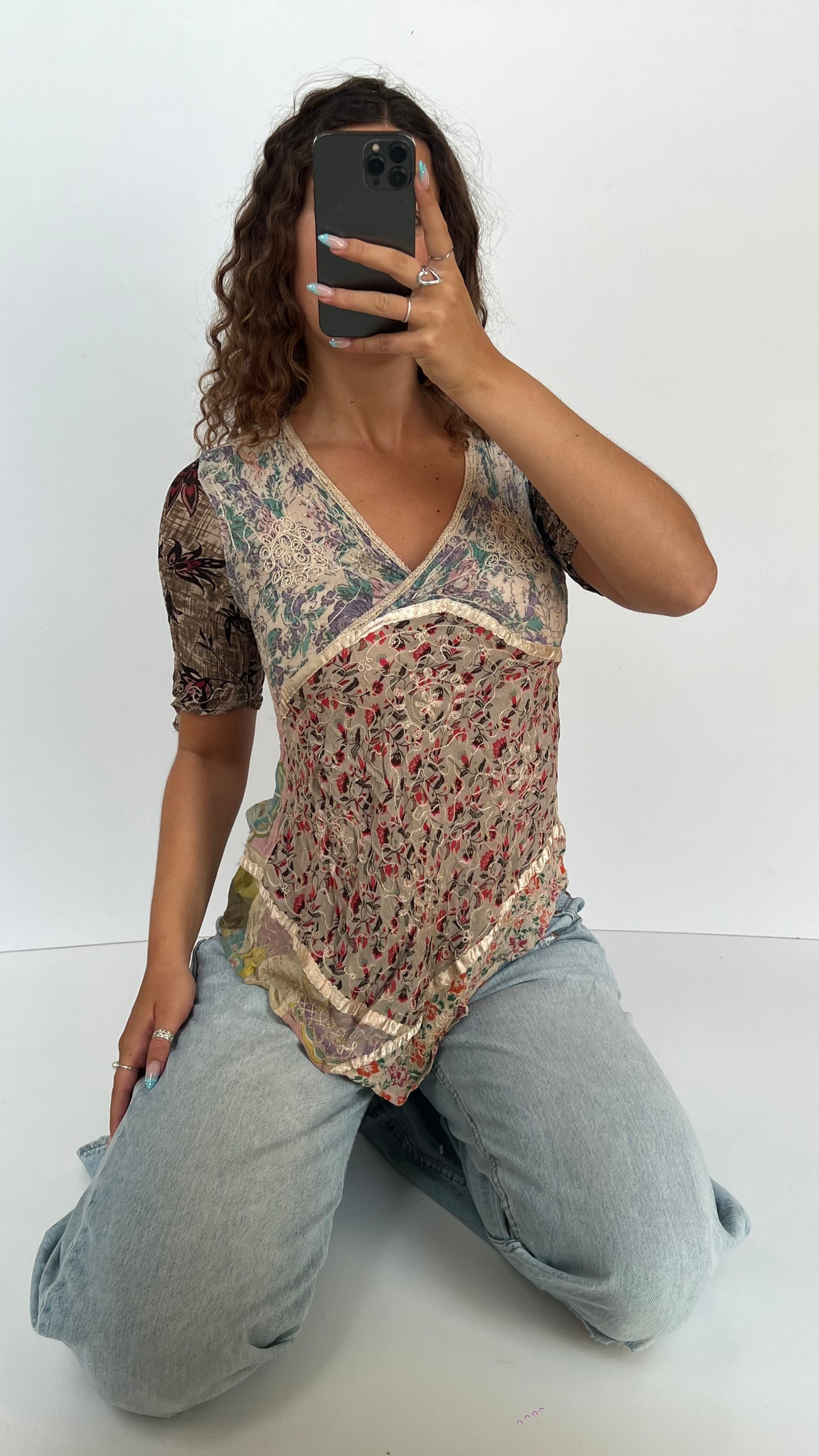 00s silk patterned babydoll top- size S/M