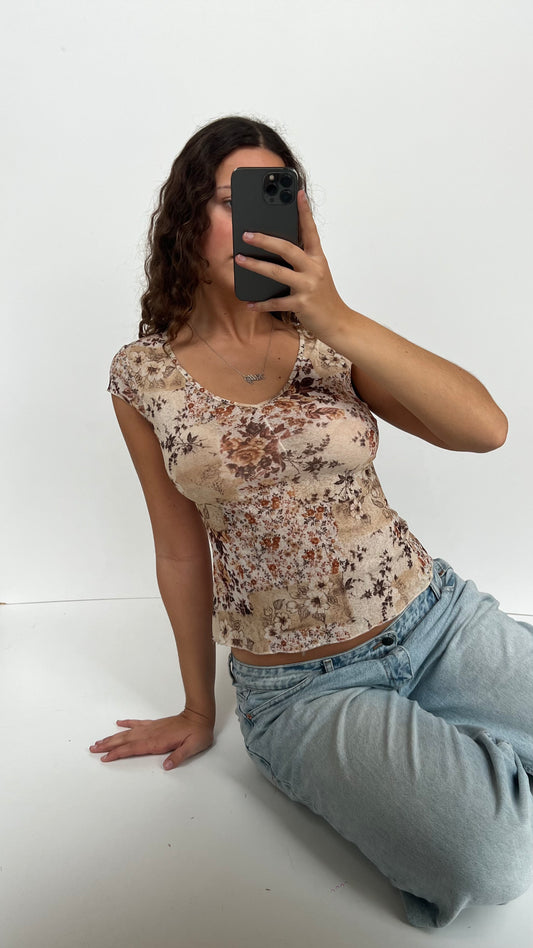 00s brown floral top- size M