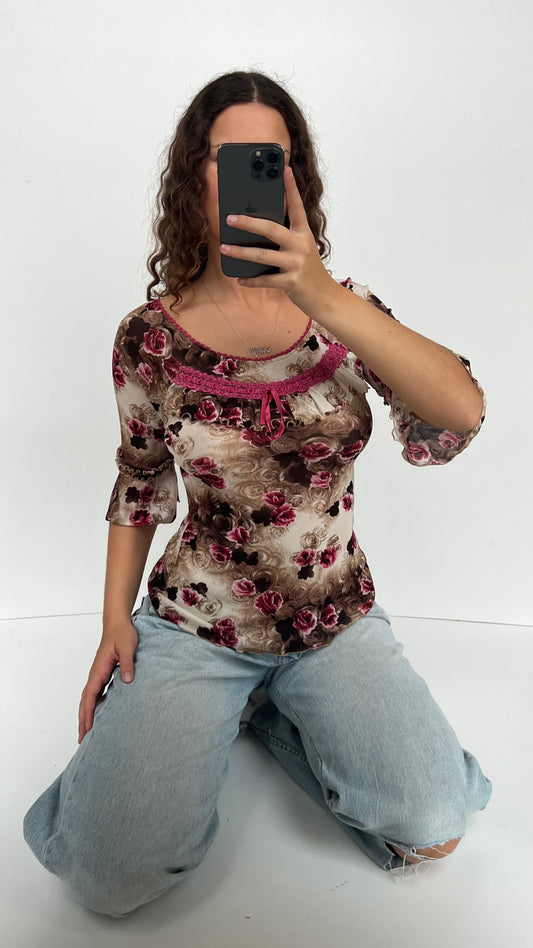 00s brown floral top- size M