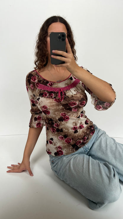 00s brown floral top- size M