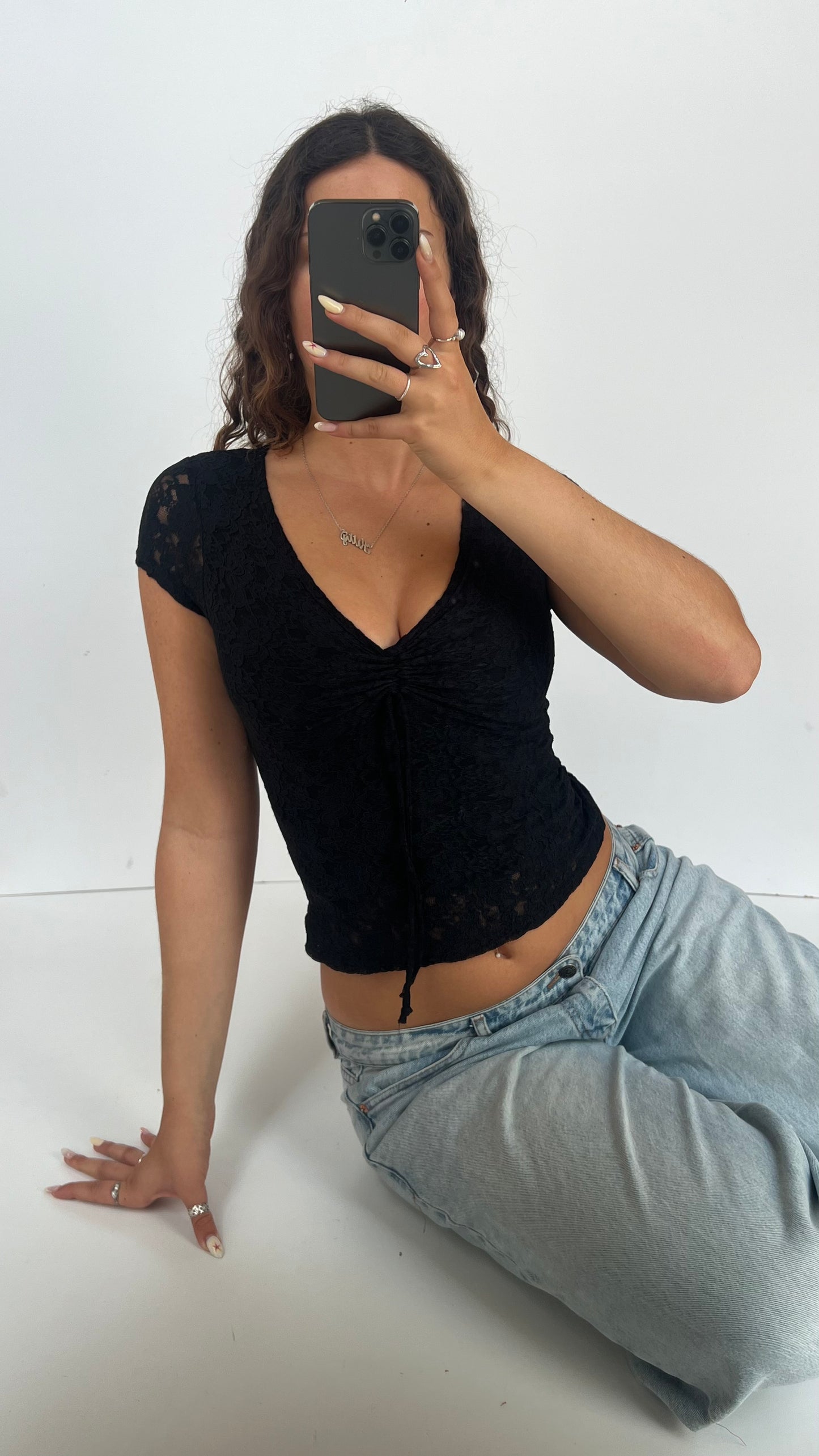 00s black lace babydoll top- size S