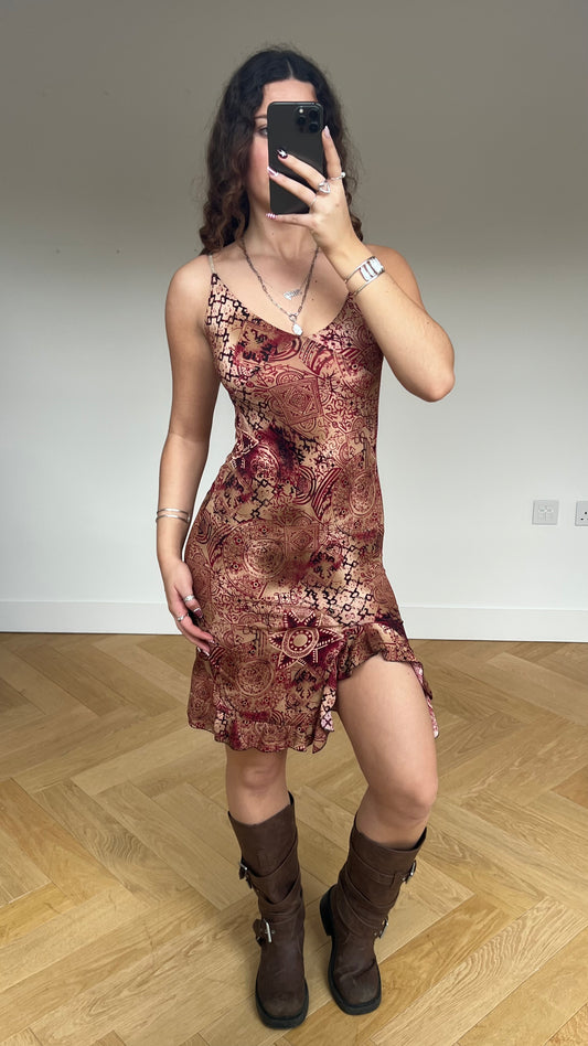 00s brown red oriental midi dress- size S