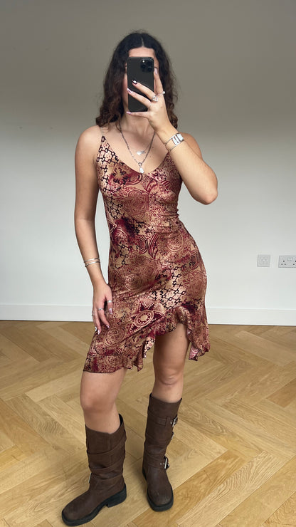 00s brown red oriental midi dress- size S