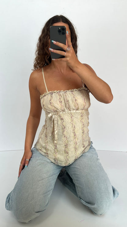 00s yellow pink lace cami- size M