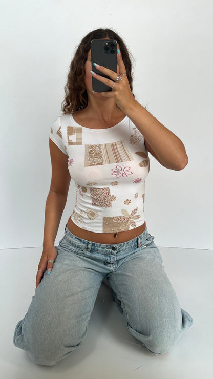 00s white patchwork top- size S