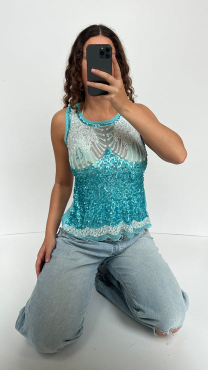 00s blue sequin tank top- size L/XL