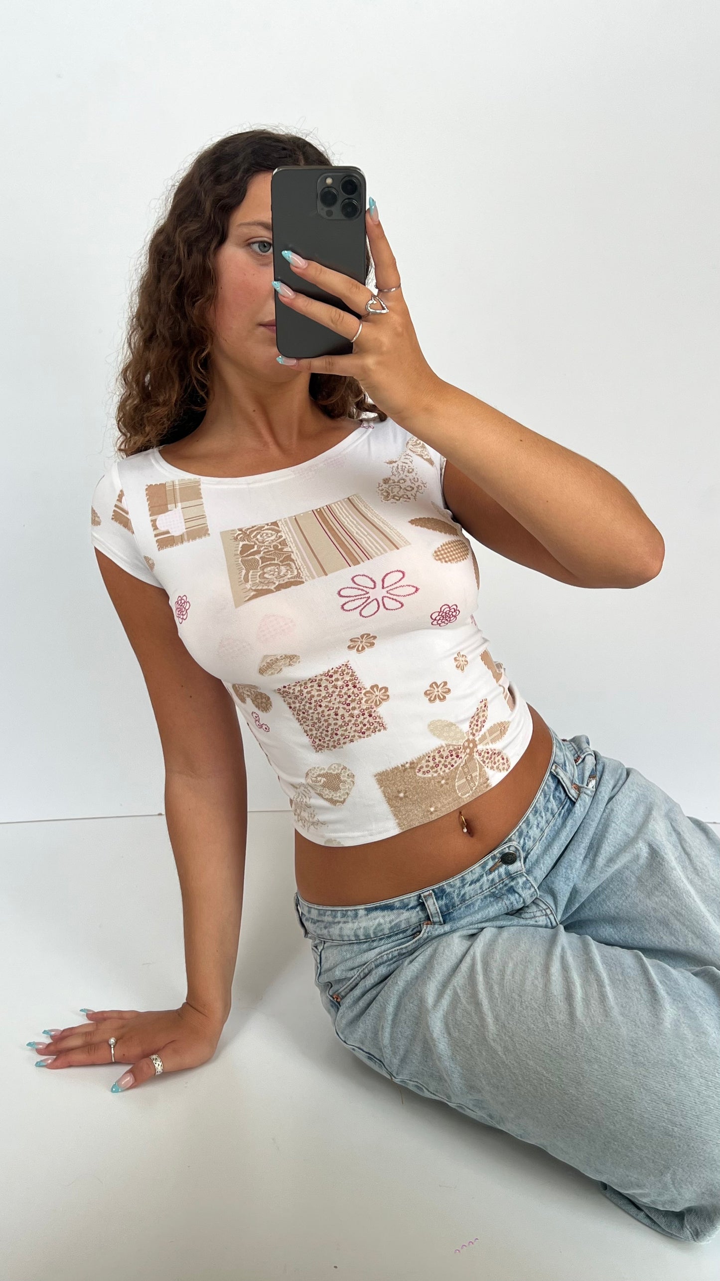 00s white patchwork top- size S