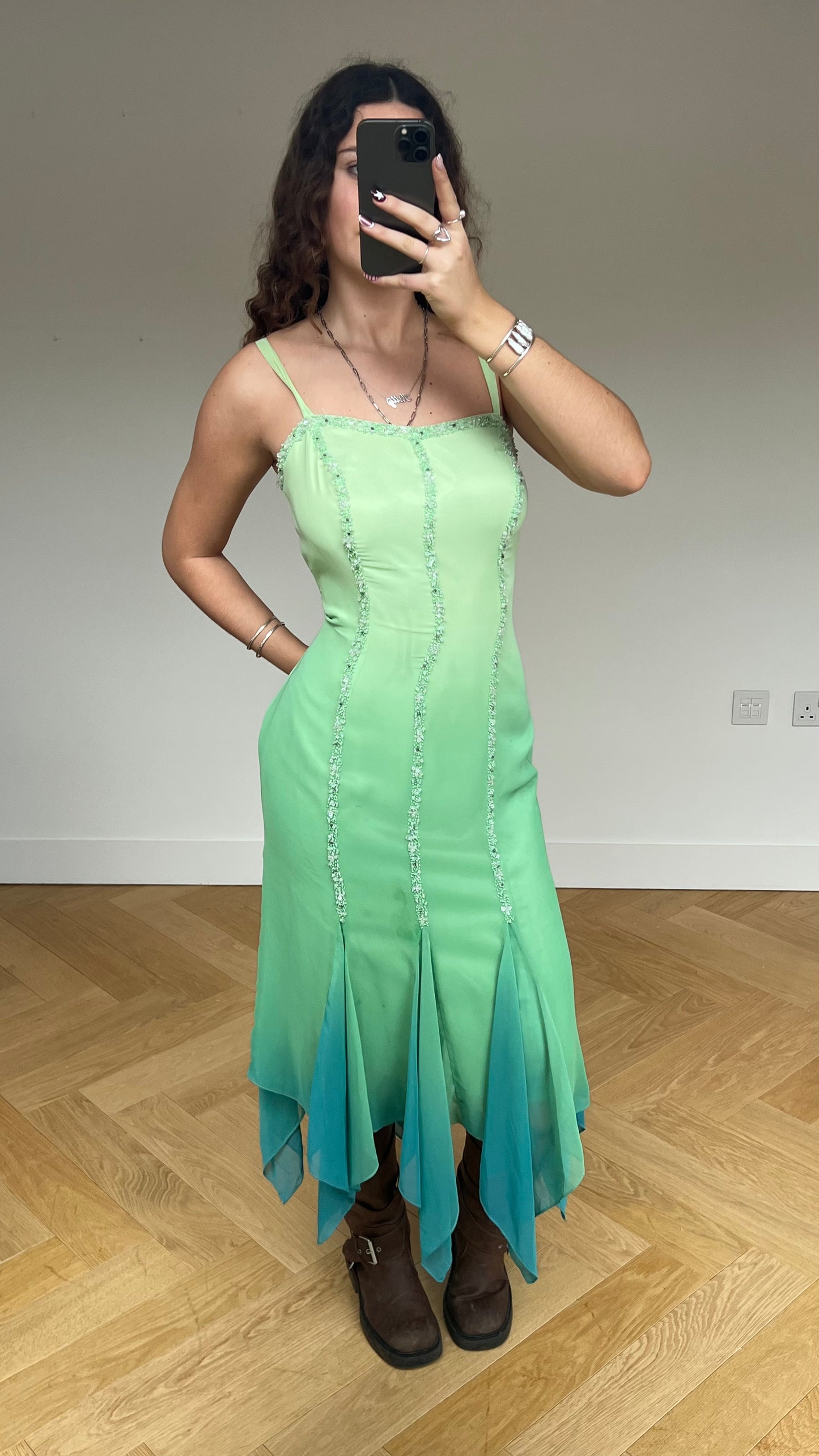 00s blue green silk maxi dress- size L