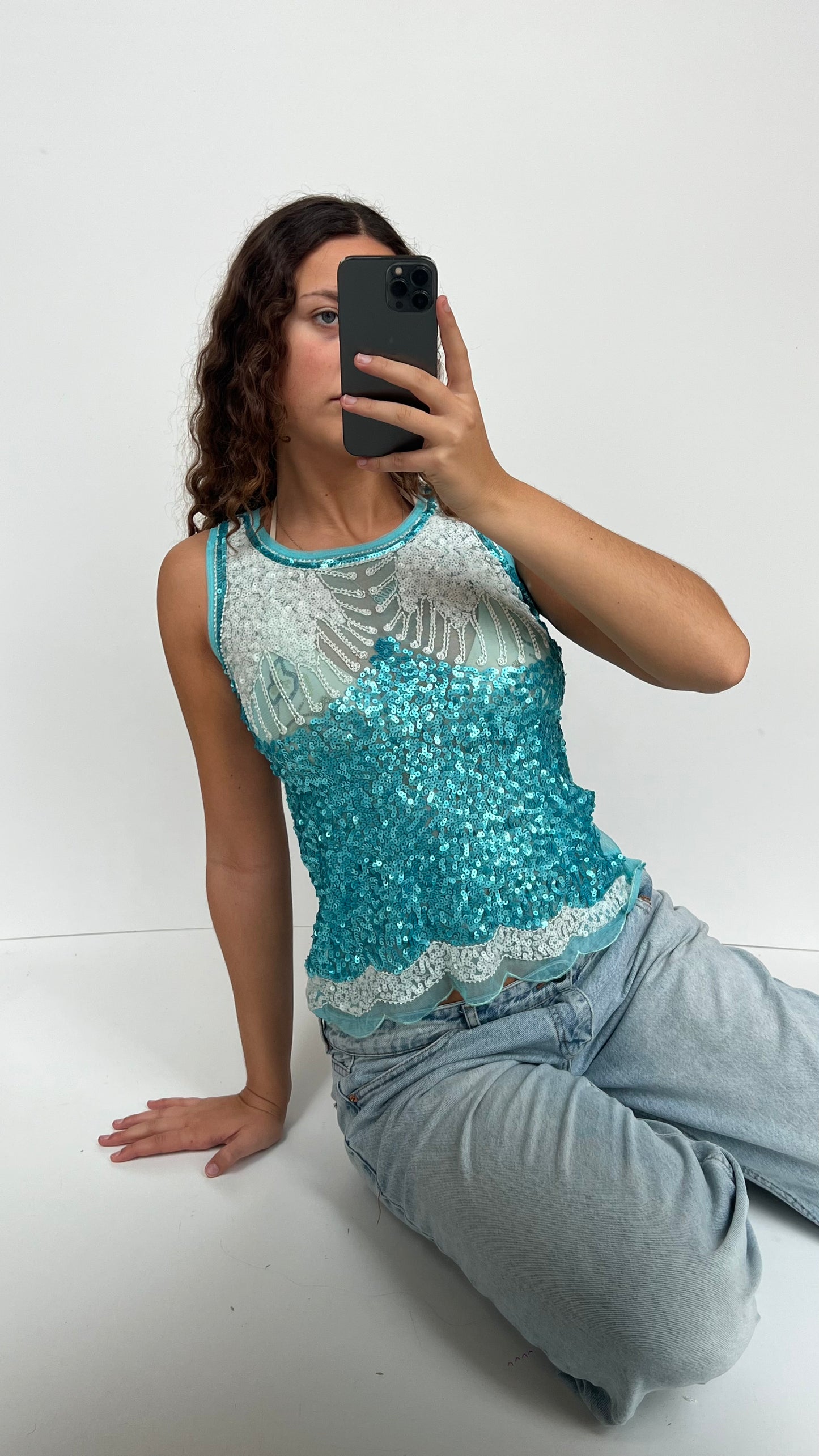 00s blue sequin tank top- size L/XL