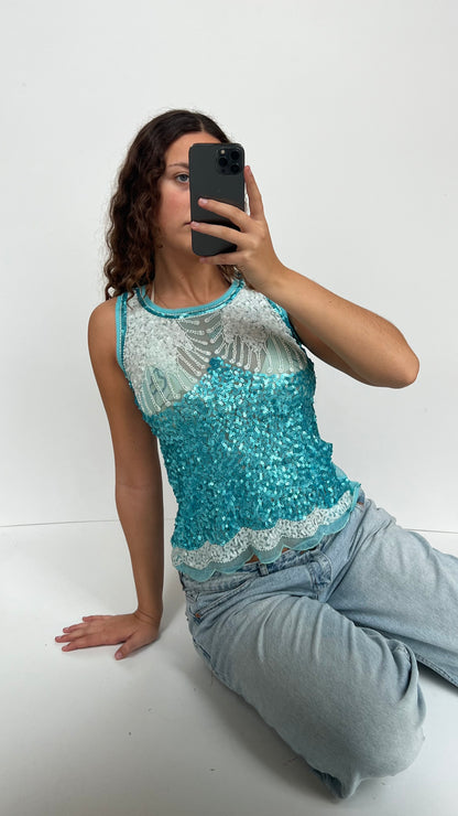 00s blue sequin tank top- size L/XL
