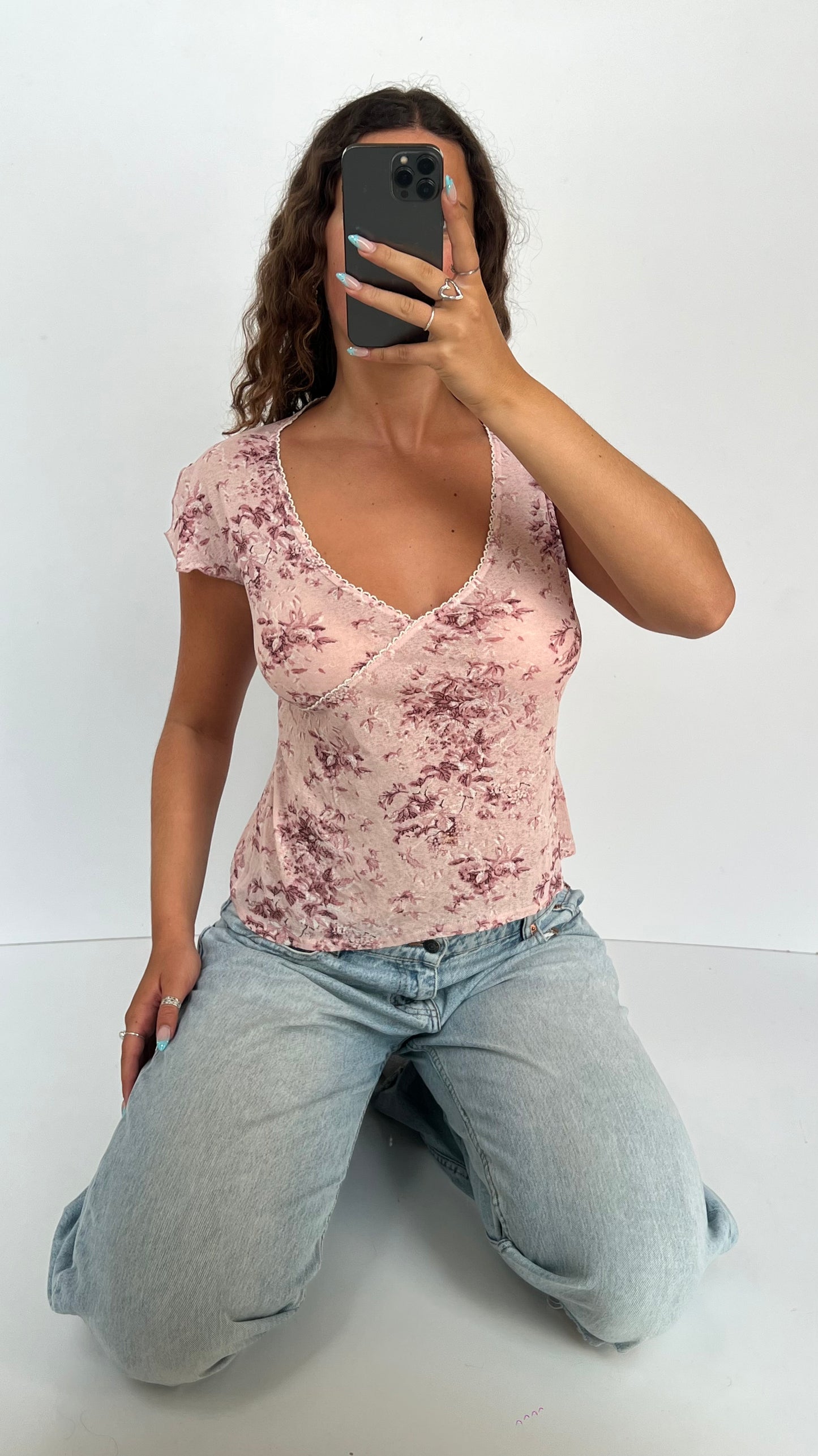 00s pink floral babydoll top- size L