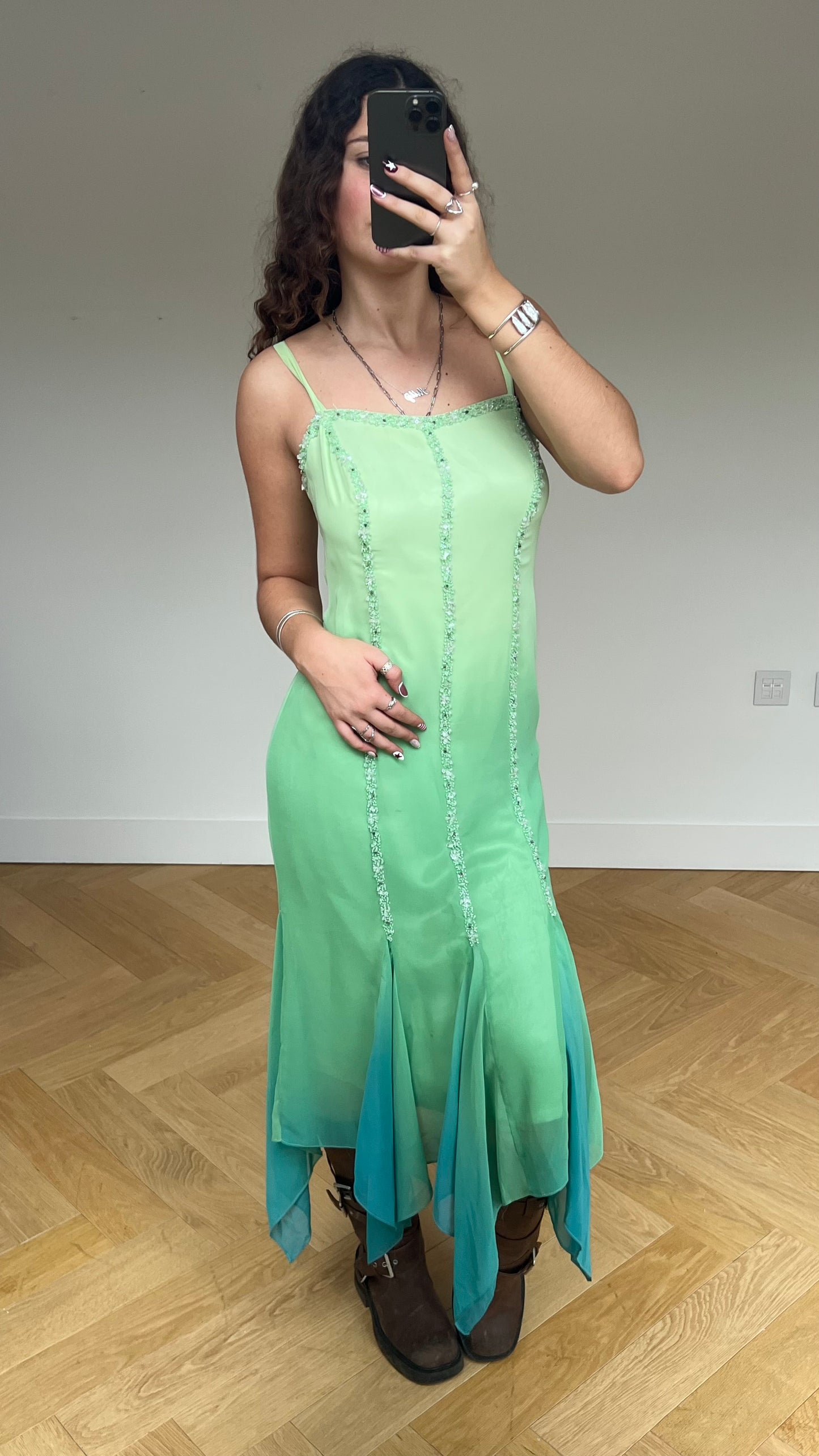 00s blue green silk maxi dress- size L