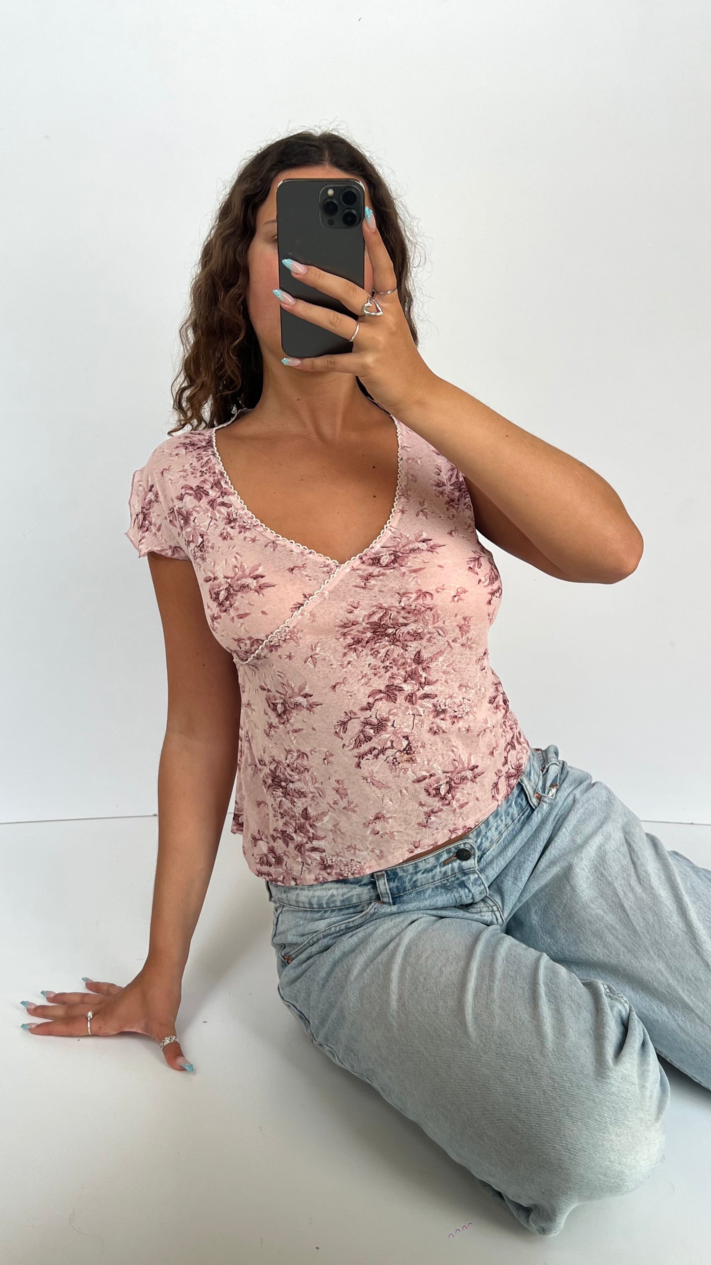 00s pink floral babydoll top- size L