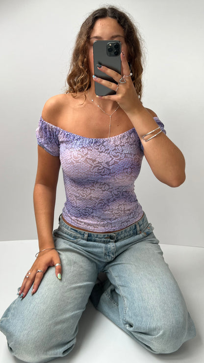 00s purple lace milkmaid top- size S