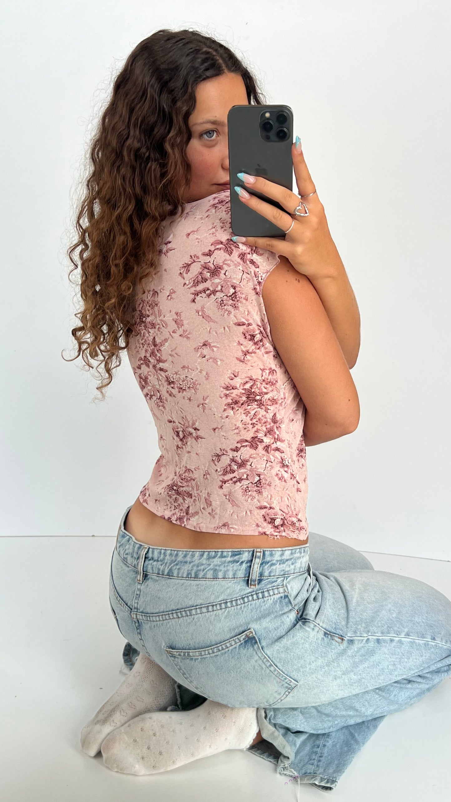 00s pink floral babydoll top- size L
