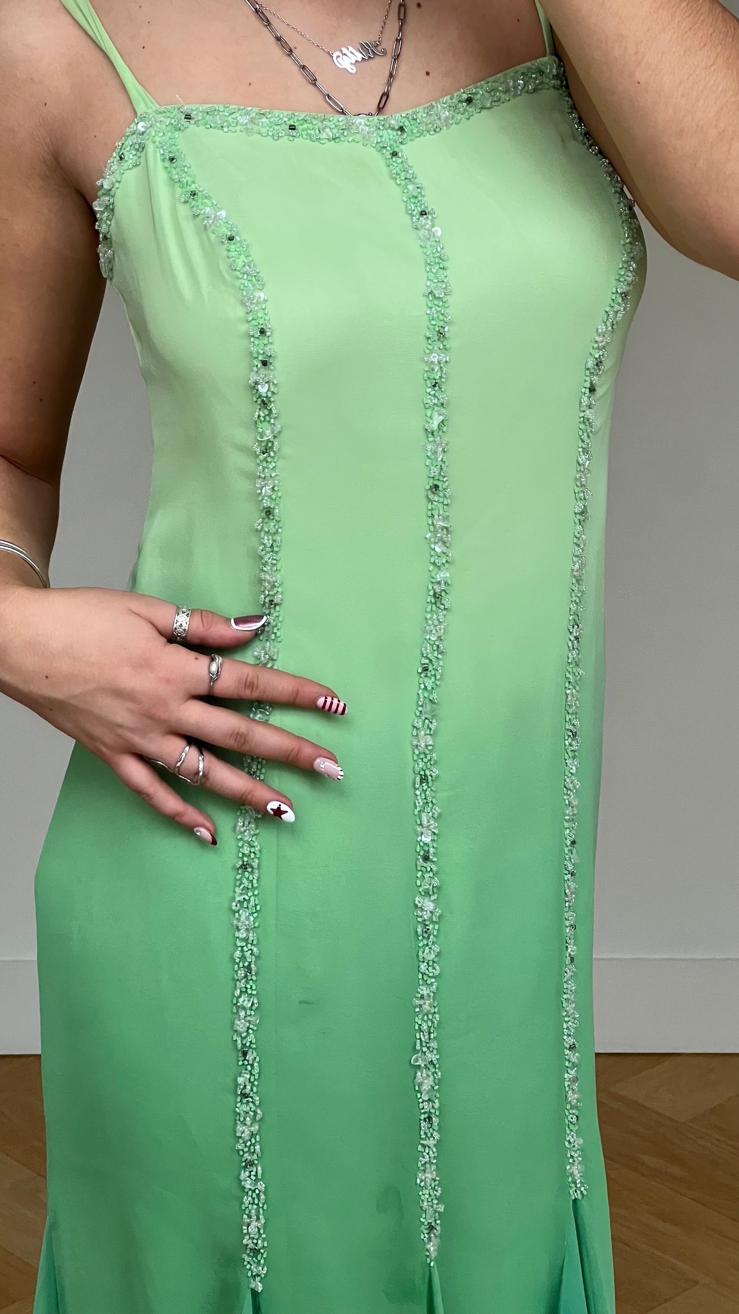 00s blue green silk maxi dress- size L