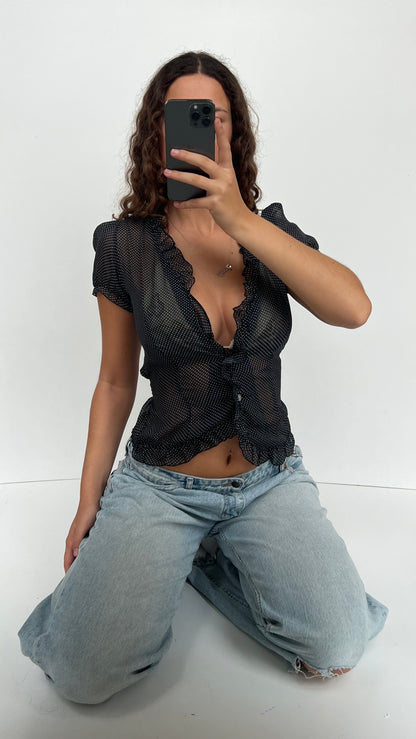 00s black polka dot blouse- size S