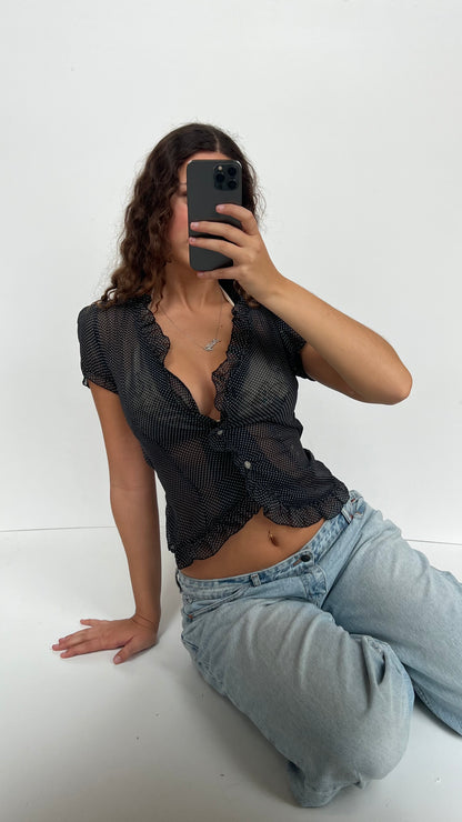 00s black polka dot blouse- size S