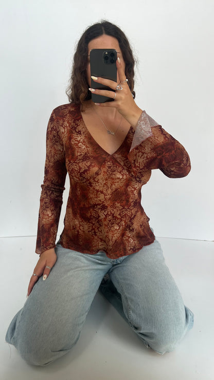 00s brown paisley mesh top- size M