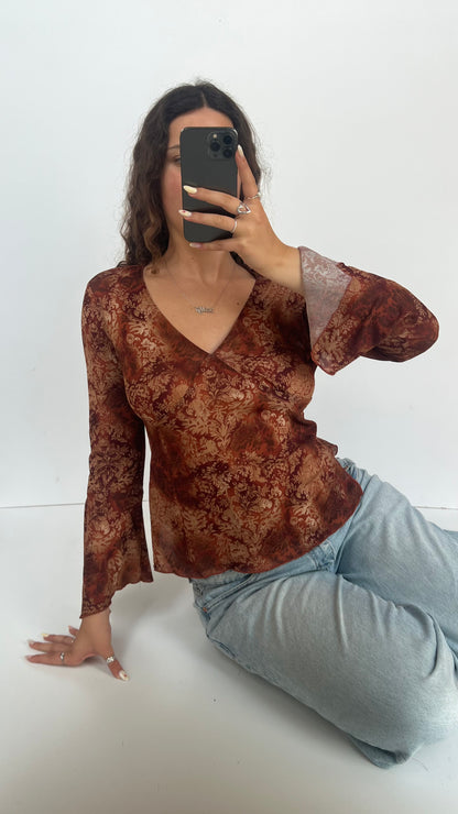 00s brown paisley mesh top- size M
