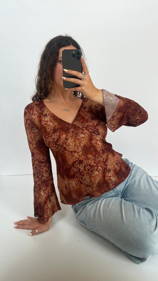00s brown paisley mesh top- size M