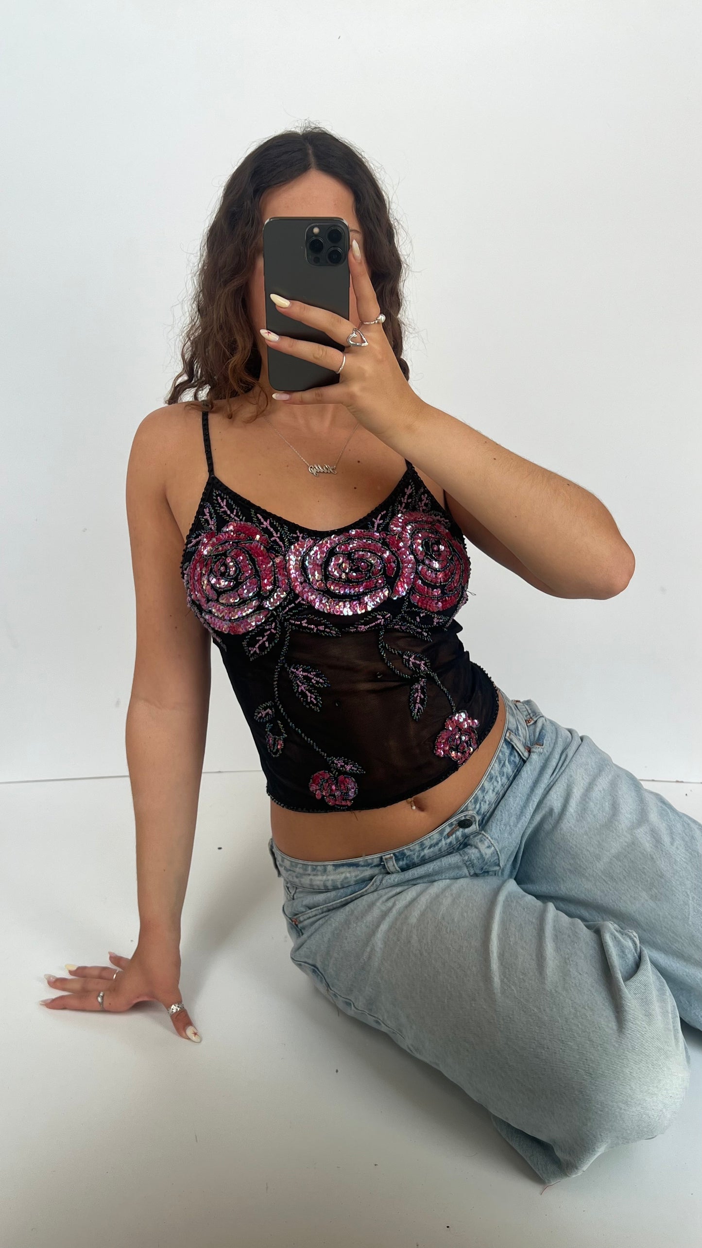 00s black beaded mesh cami- size S