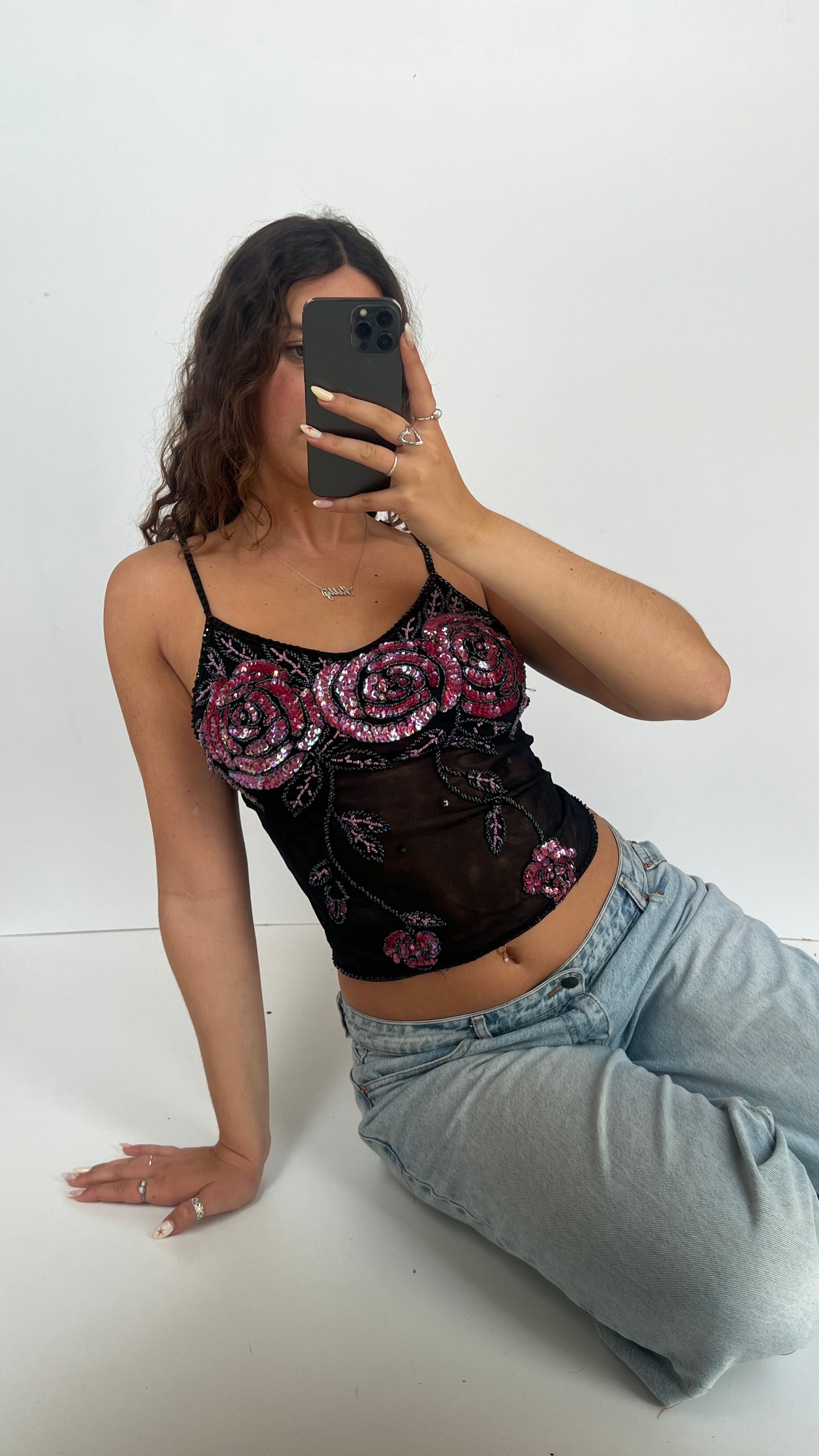 00s black beaded mesh cami- size S