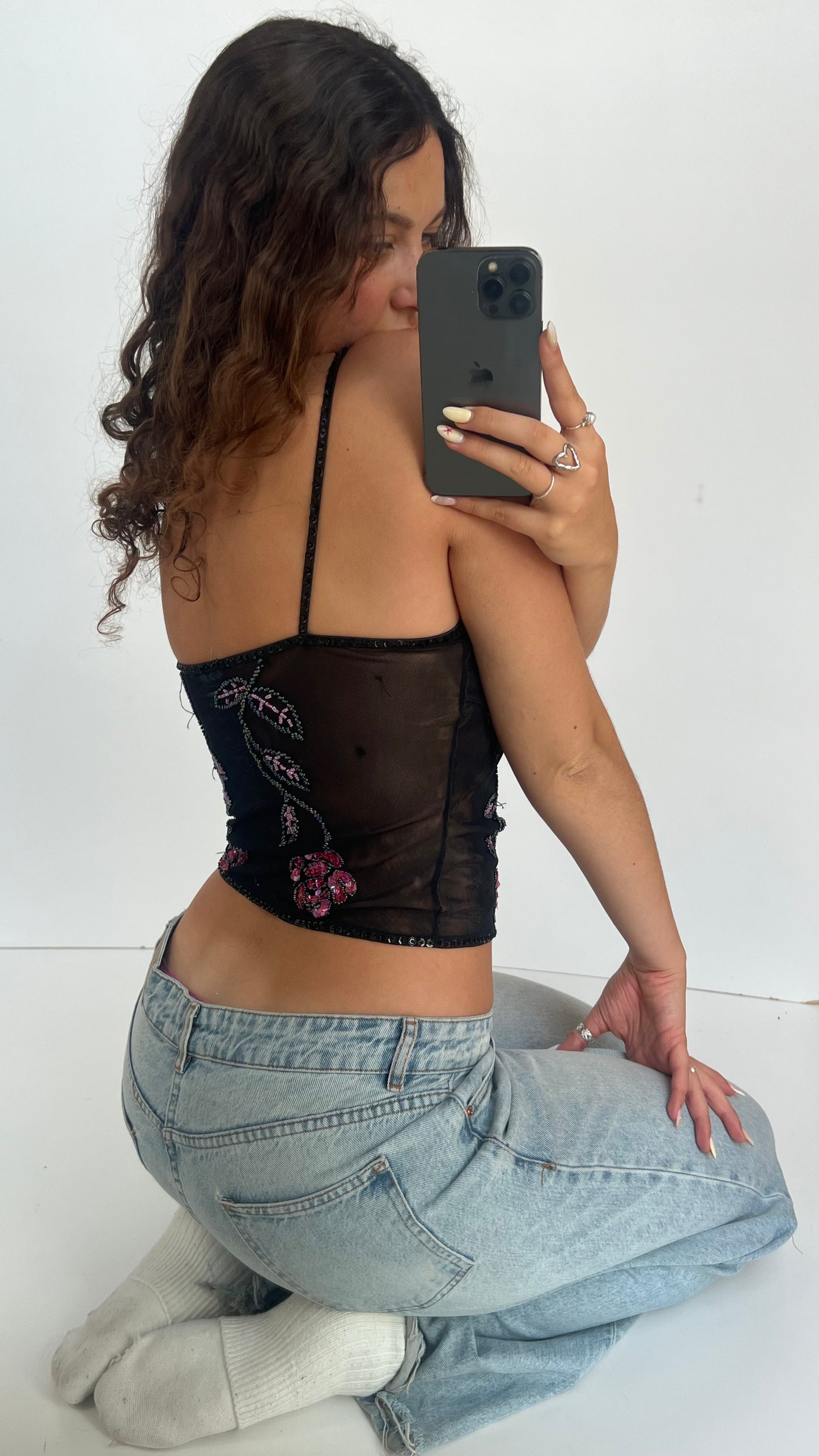 00s black beaded mesh cami- size S