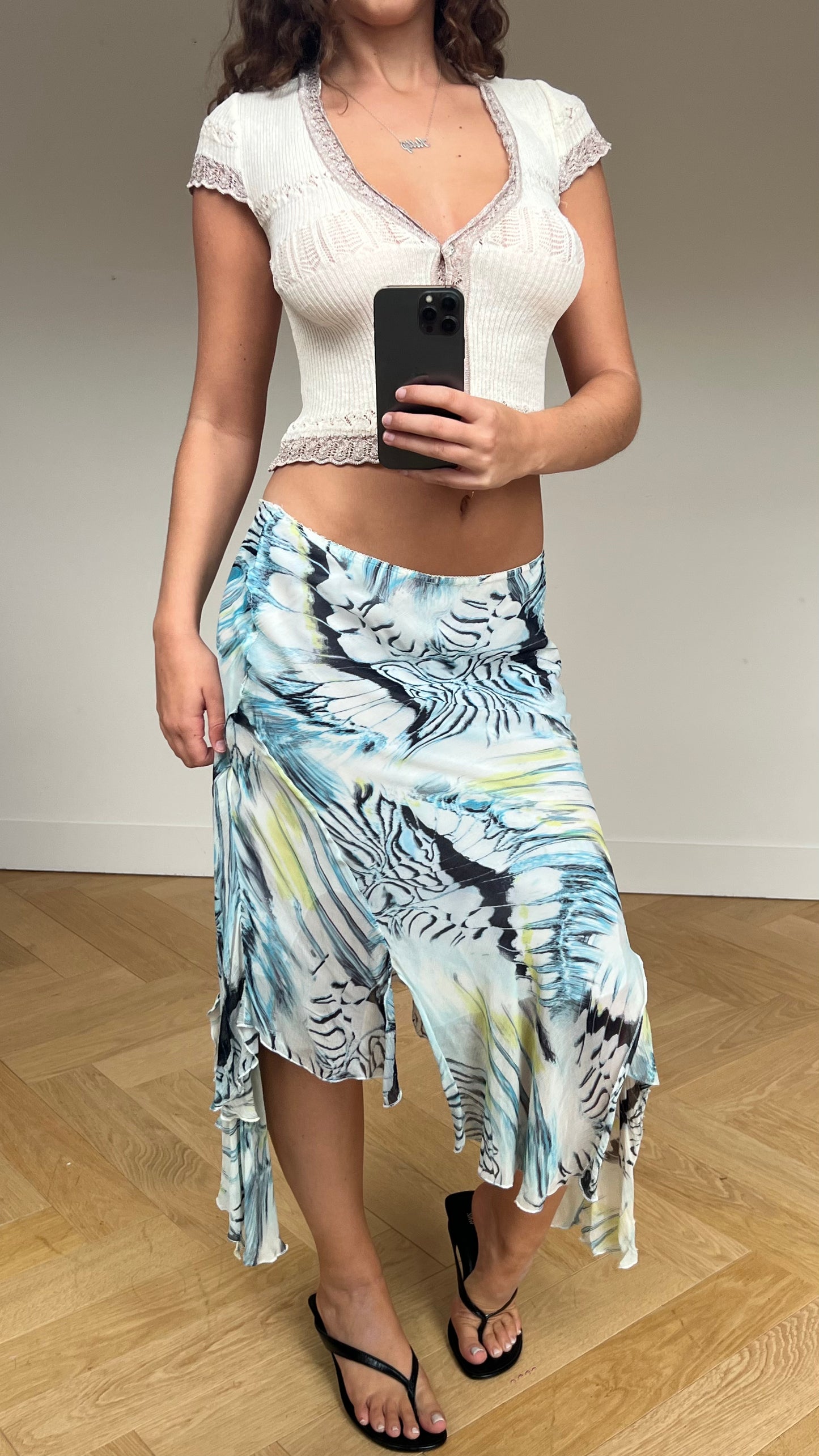 00s blue mesh asymmetric midi skirt- size M