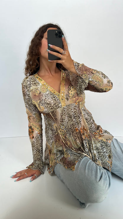 00s leopard print mesh top- size M