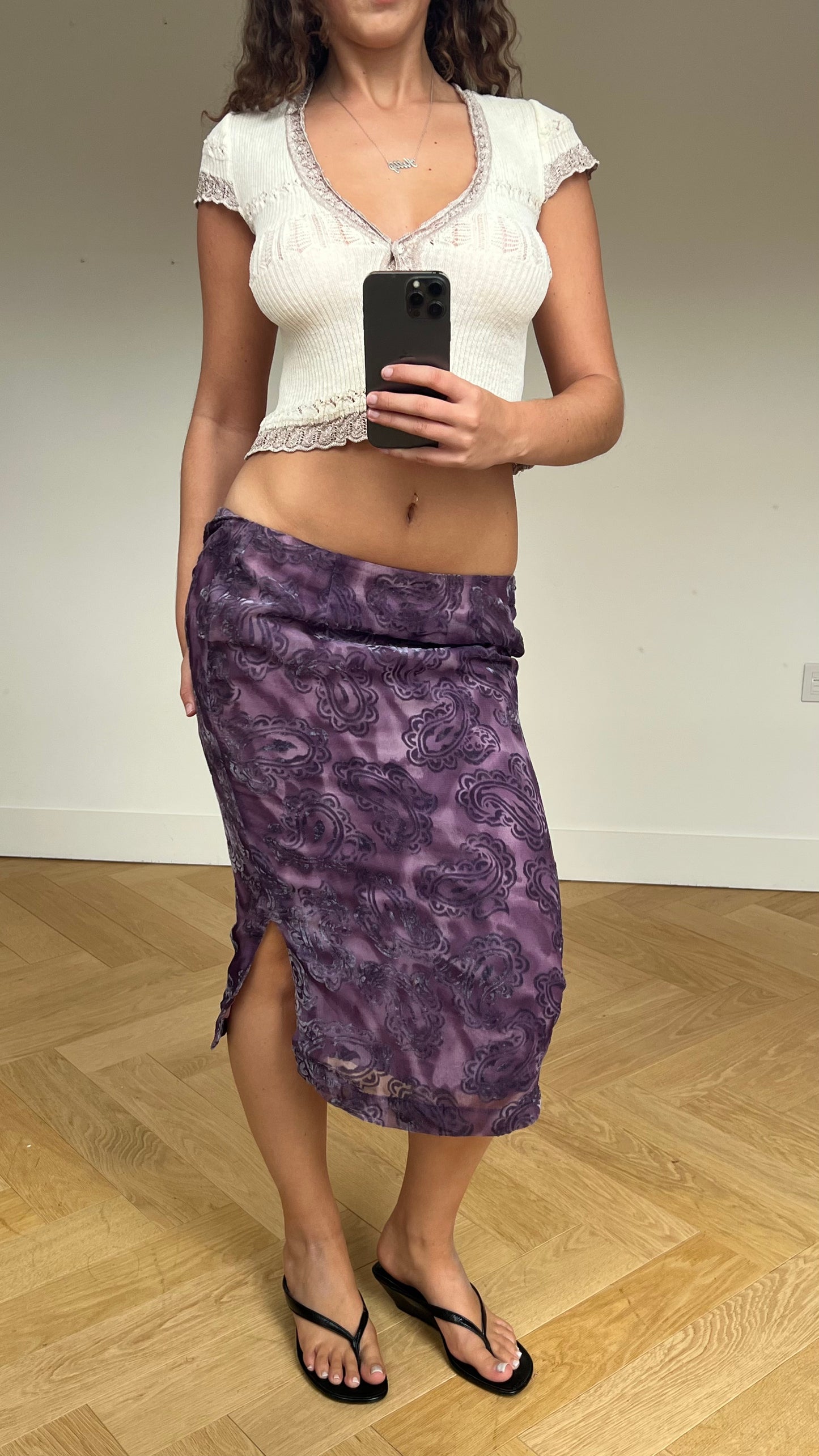 00s purple velvet midi skirt- size XS