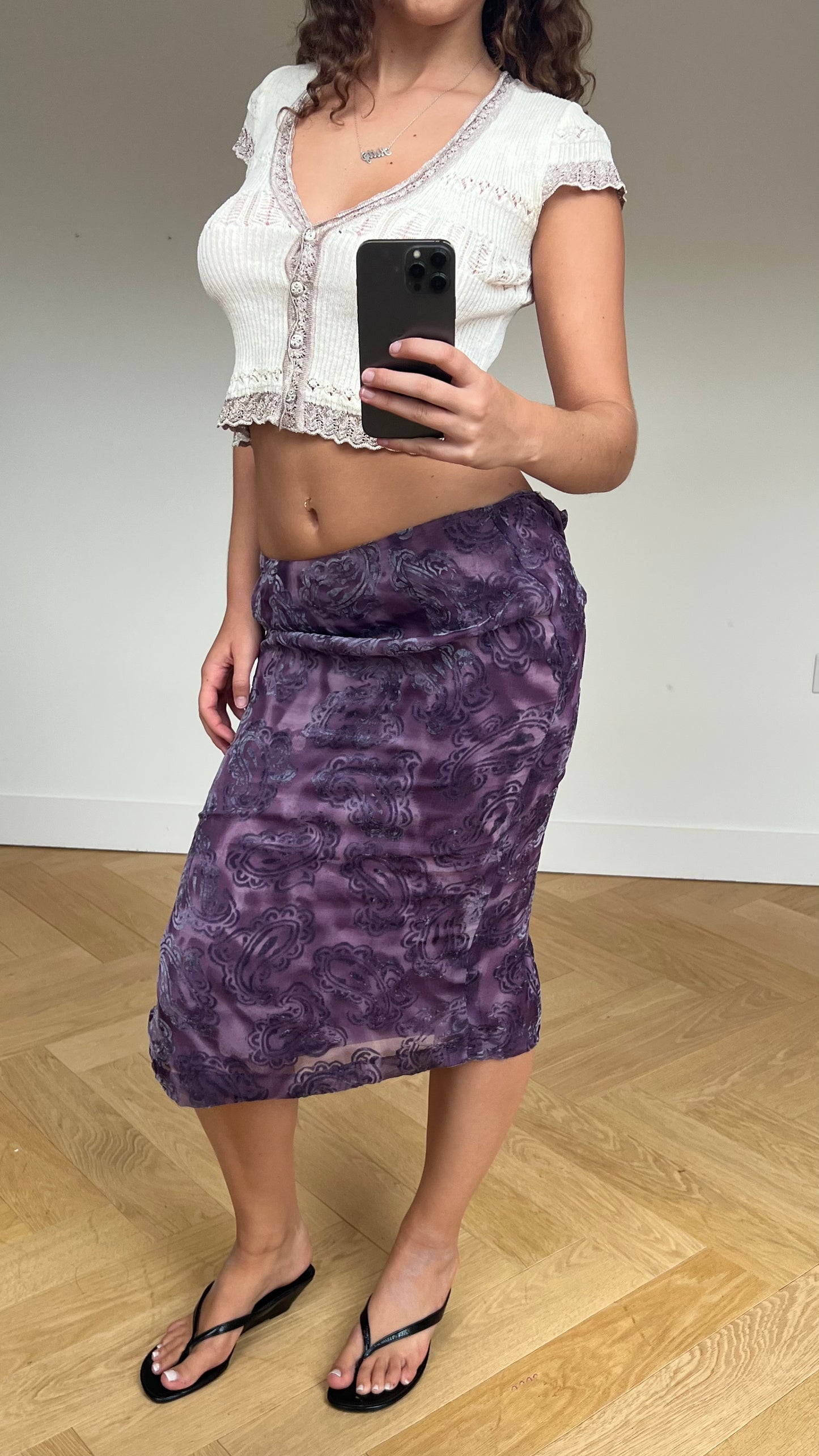 00s purple velvet midi skirt- size XS