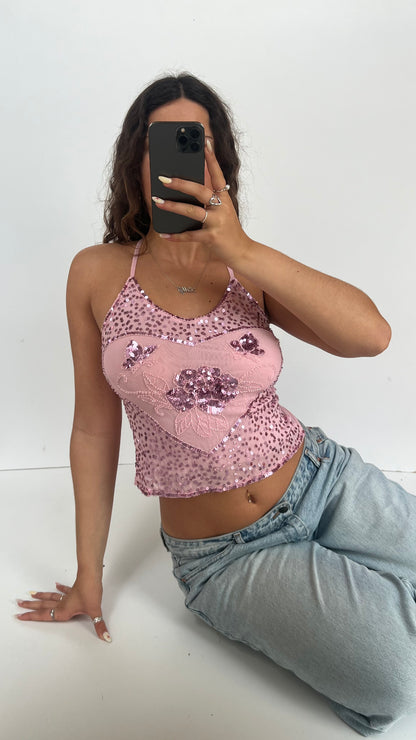 00s pink sequin mesh cami- size S