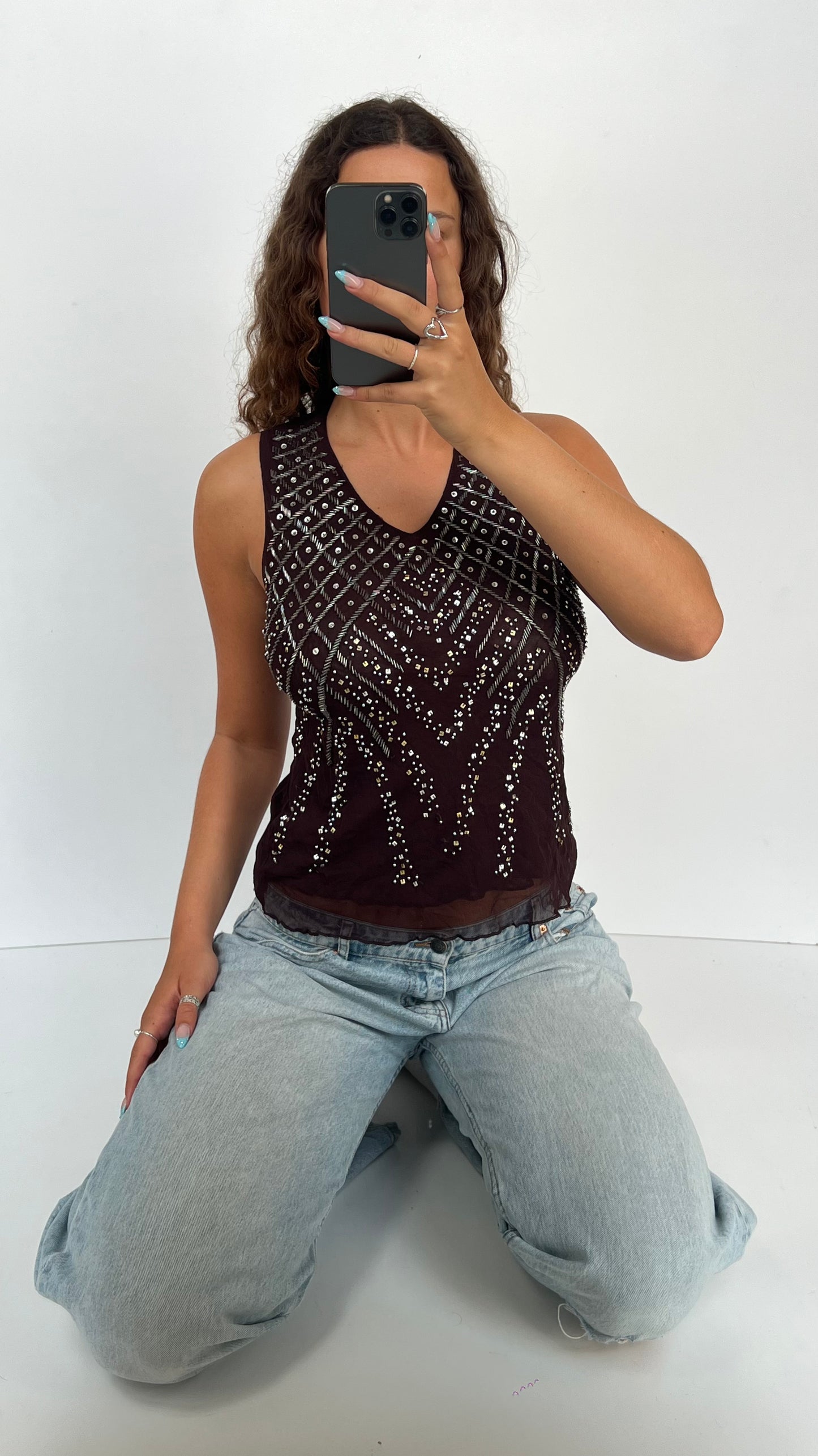 00s brown beaded tank top- size M