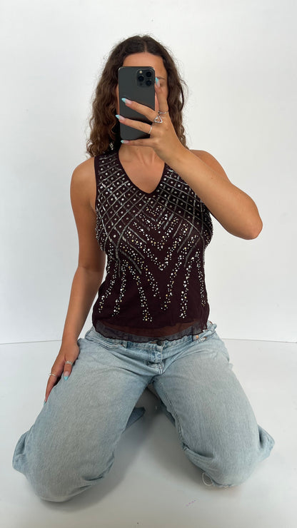 00s brown beaded tank top- size M
