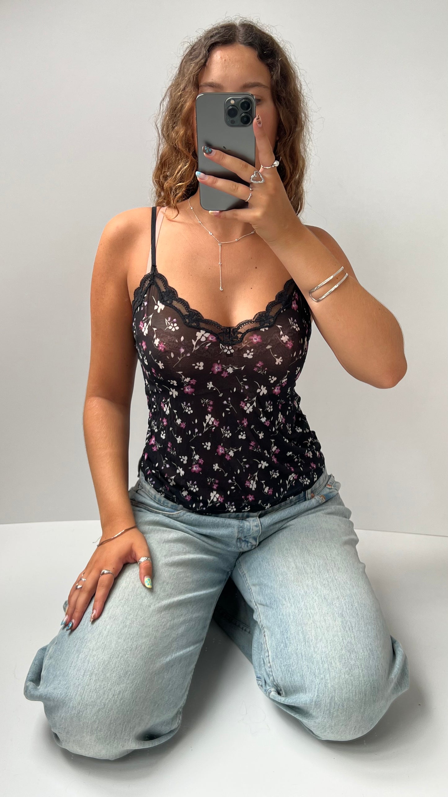 00s black mesh floral cami- size M