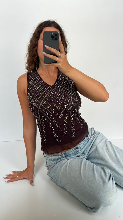 00s brown beaded tank top- size M