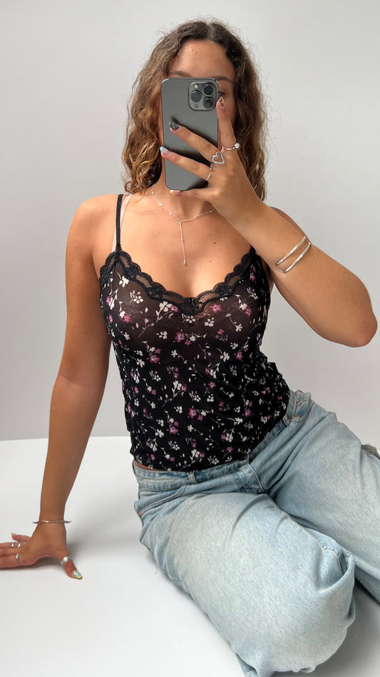 00s black mesh floral cami- size M