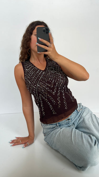 00s brown beaded tank top- size M
