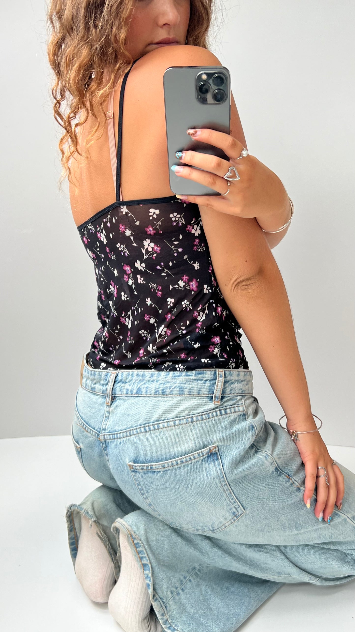 00s black mesh floral cami- size M