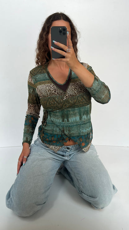 00s brown green mesh top- size L