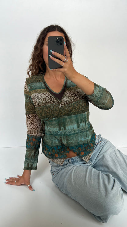 00s brown green mesh top- size L