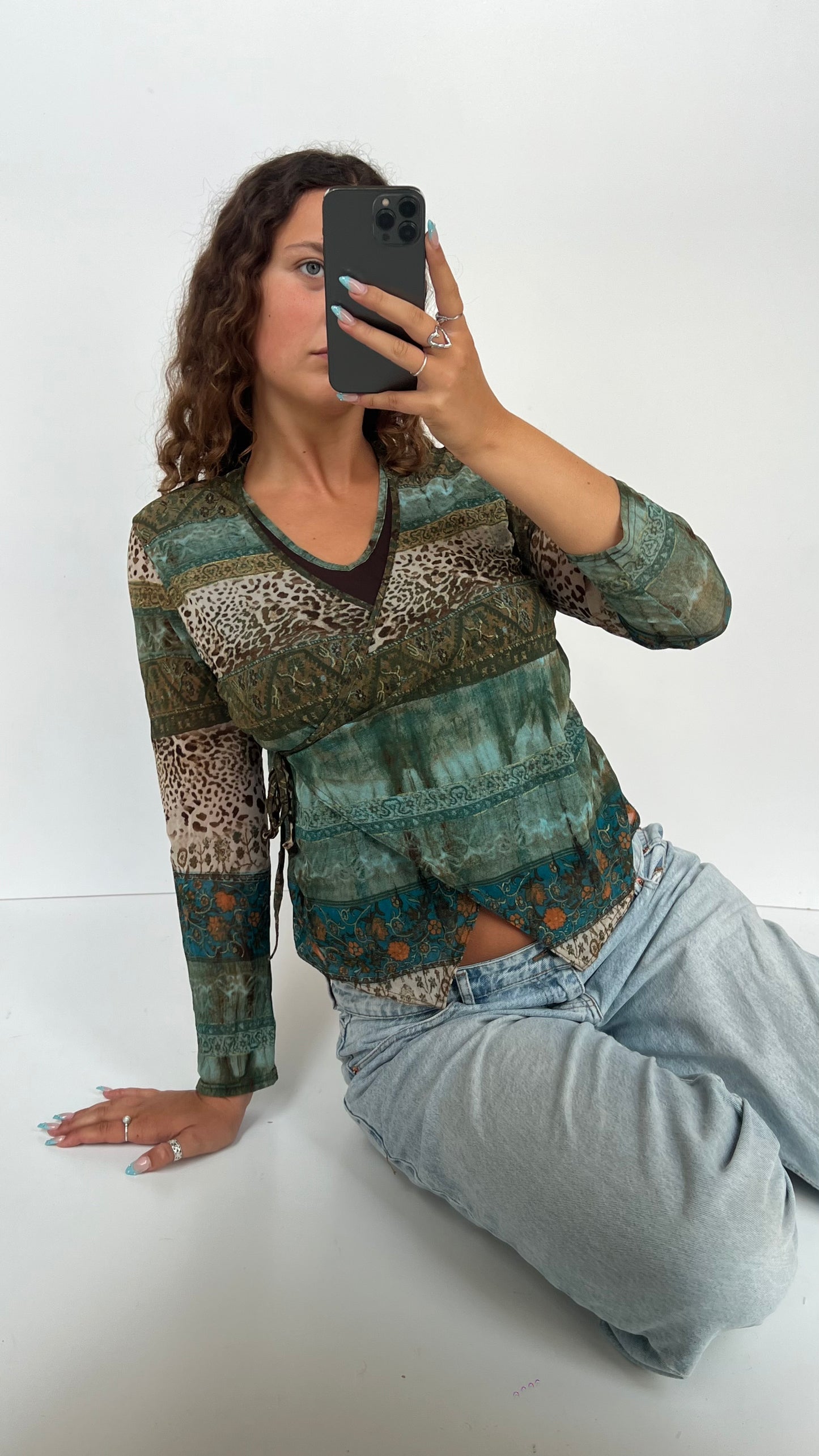 00s brown green mesh top- size L