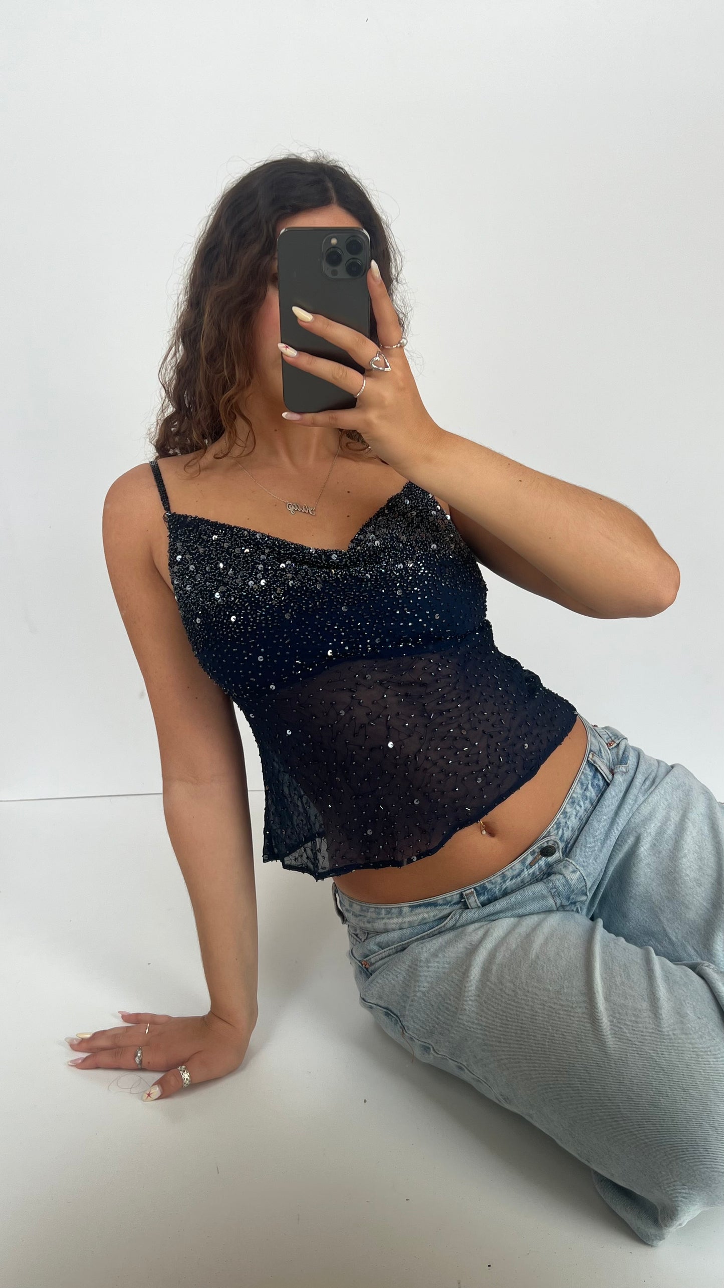 00s navy mesh beaded cami- size M