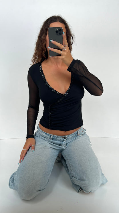 00s black mesh sequin top- size M